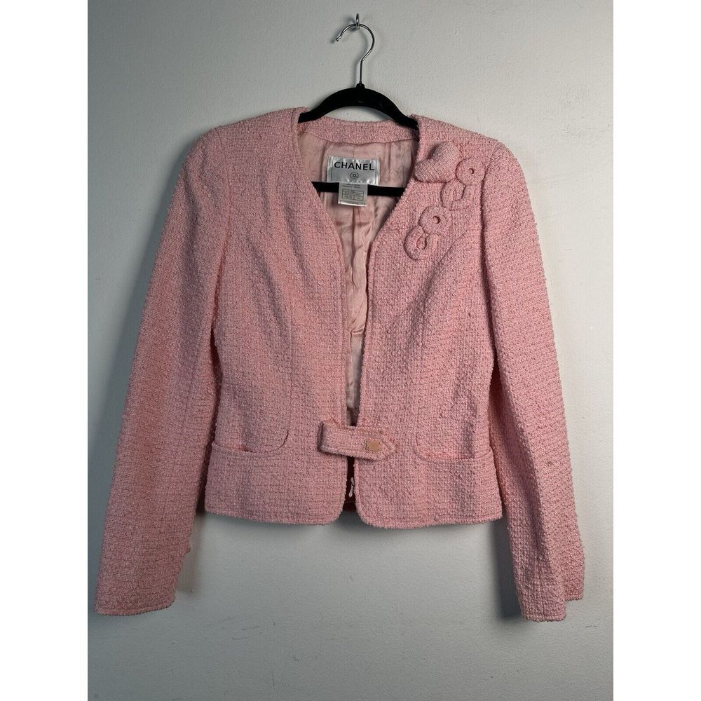 Chanel Vintage 2004 Cruise 'COCO' Baby Pink Cotton Boucle‎ Blazer Jacket 38